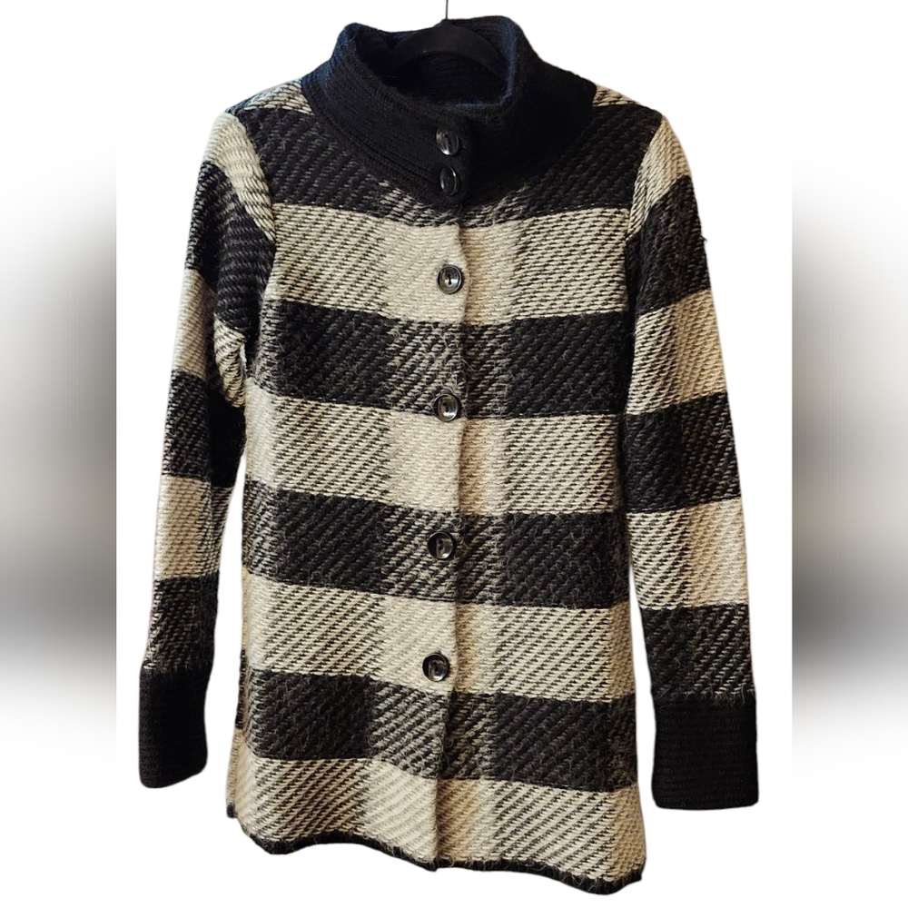 EUC Maryline Black and Cream Plaid Button Up Sweater Italian Made Size Small